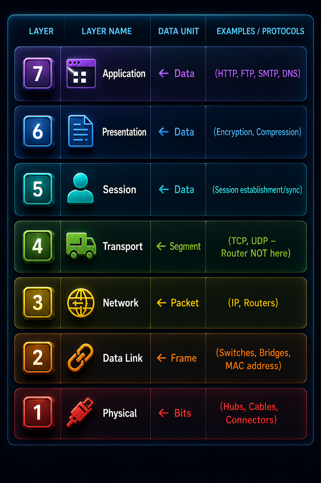OSI Model - 7 Layers Top to Bottom